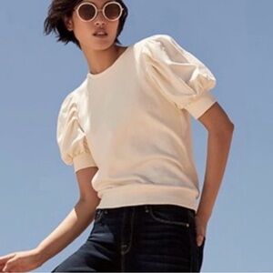 Frame Puff Sleeve Cotton Sweatshirt Pullover Top in Cream Size Small